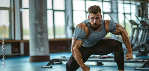 A fit man looks determinedly at the camera while performing lunges with his powerful legs