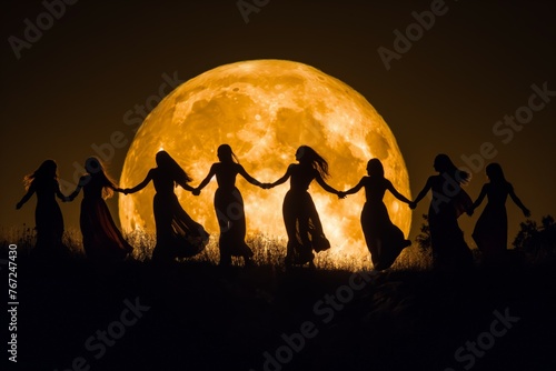 Silhouette of women holding hands under full moon photo