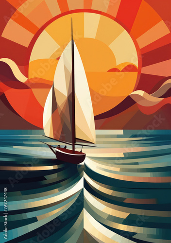 Digital illustration of a stylized sailboat on tranquil waters against a vibrant sunset backdrop.