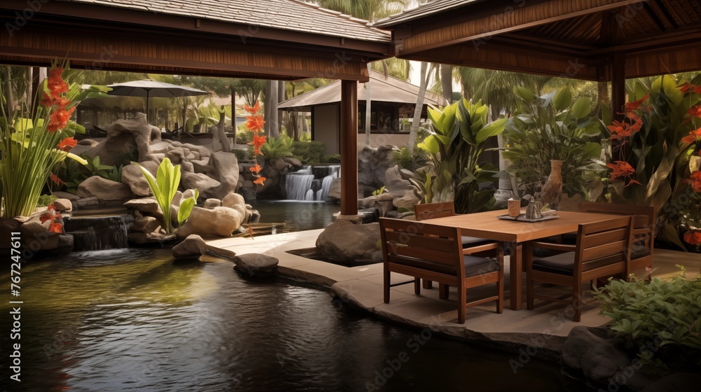 Tropical outdoor living patio with woven furniture thatch umbrellas and serene koi pond water feature.