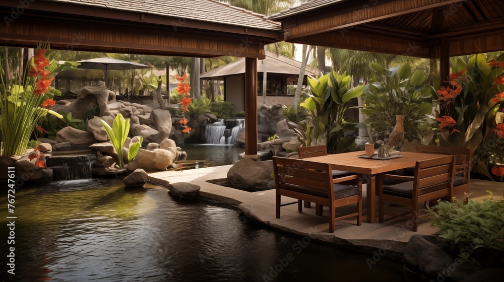 Tropical outdoor living patio with woven furniture thatch umbrellas and serene koi pond water feature. Tropical outdoor living patio with woven furniture thatch umbrellas and serene koi pond water feature.