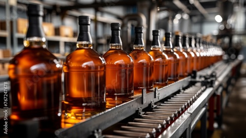 Brewery conveyor glass cognac drink alcohol bottles  modern production line. Manufacturing bottling 