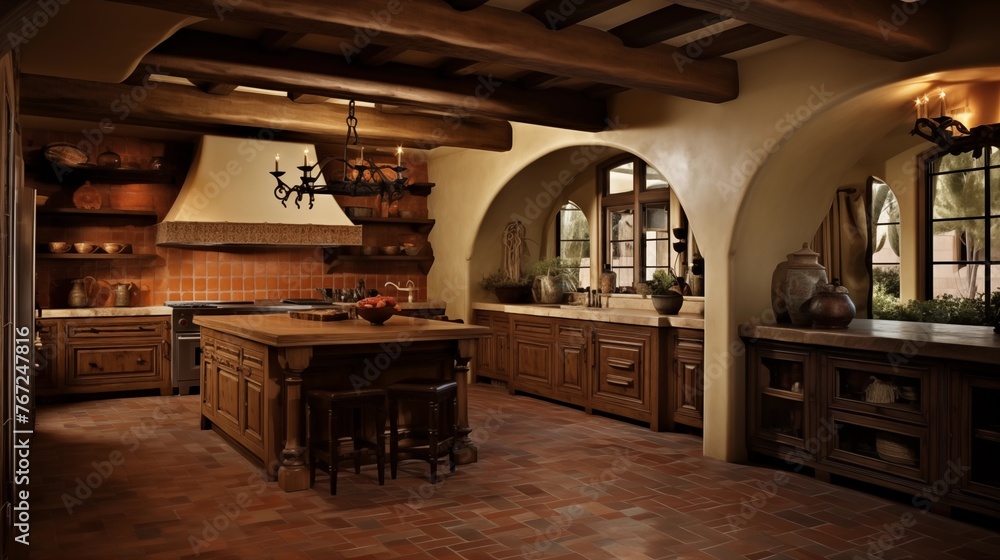 Tuscan villa gourmet kitchen with terracotta floors wood beams and rustic finishes.