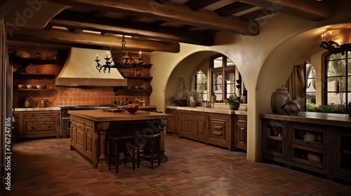 Tuscan villa gourmet kitchen with terracotta floors wood beams and rustic finishes.