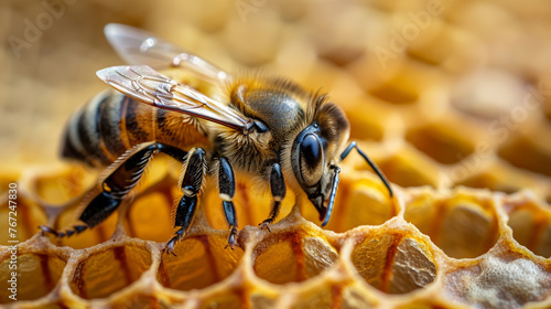 A honey bee on a honeycomb. Close-up. The sun's rays. Realistic photography. Eco honey production. A farmer's apiary.  Business concept. © Надежда Измайлова