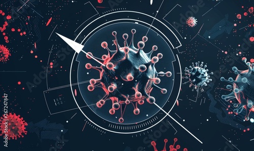 Digital background featuring digital virus and black blue tech elements with white outlines The composition includes an arrow pointing to the center of the circle Generative AI