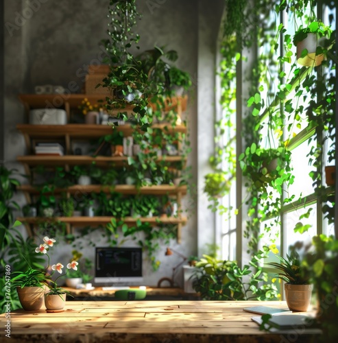 Inspirational workspace interior for a freelancer with computer on a wooden desk, white walls and the view of nature in the backyard outside © didar