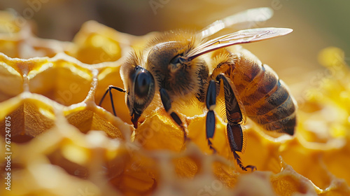 A honey bee on a honeycomb. Close-up. The sun's rays. Realistic photography. Eco honey production. A farmer's apiary.  Business concept. © Надежда Измайлова