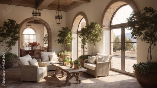 Tuscan-inspired indoor arched loggia with vaulted brick ceilings wood beams stone floors vintage arched doors and potted citrus trees. © Aeman