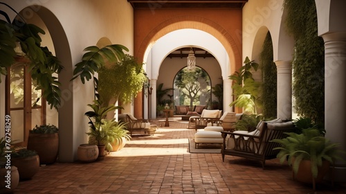 Tuscan-inspired indoor courtyard with domed brick ceiling stone floors arched openings and integrated citrus grove.