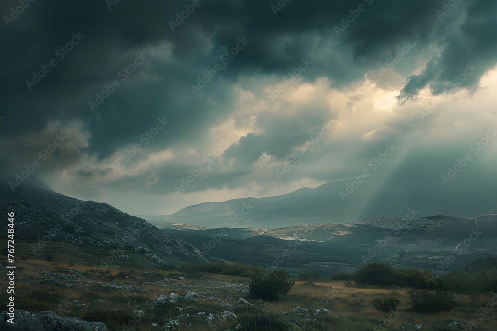 Dramatic Cloudscape: Dark storm clouds gathering over a landscape, creating a moody and dramatic atmosphere.

