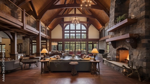 Two-story architectural great room with 25-foot vaulted beamed ceilings massive stone fireplace and lofted metal walkways above.