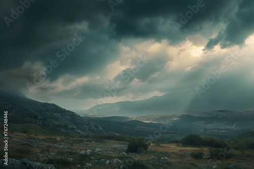 Dramatic Cloudscape: Dark storm clouds gathering over a landscape, creating a moody and dramatic atmosphere.