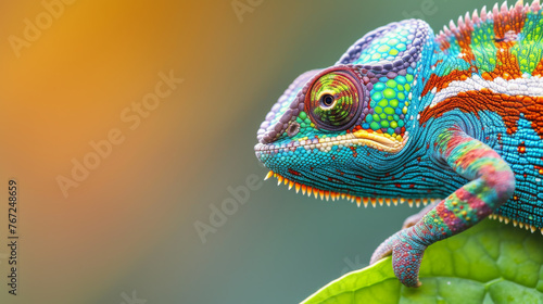colorful chameleon perched on a green leaf photo