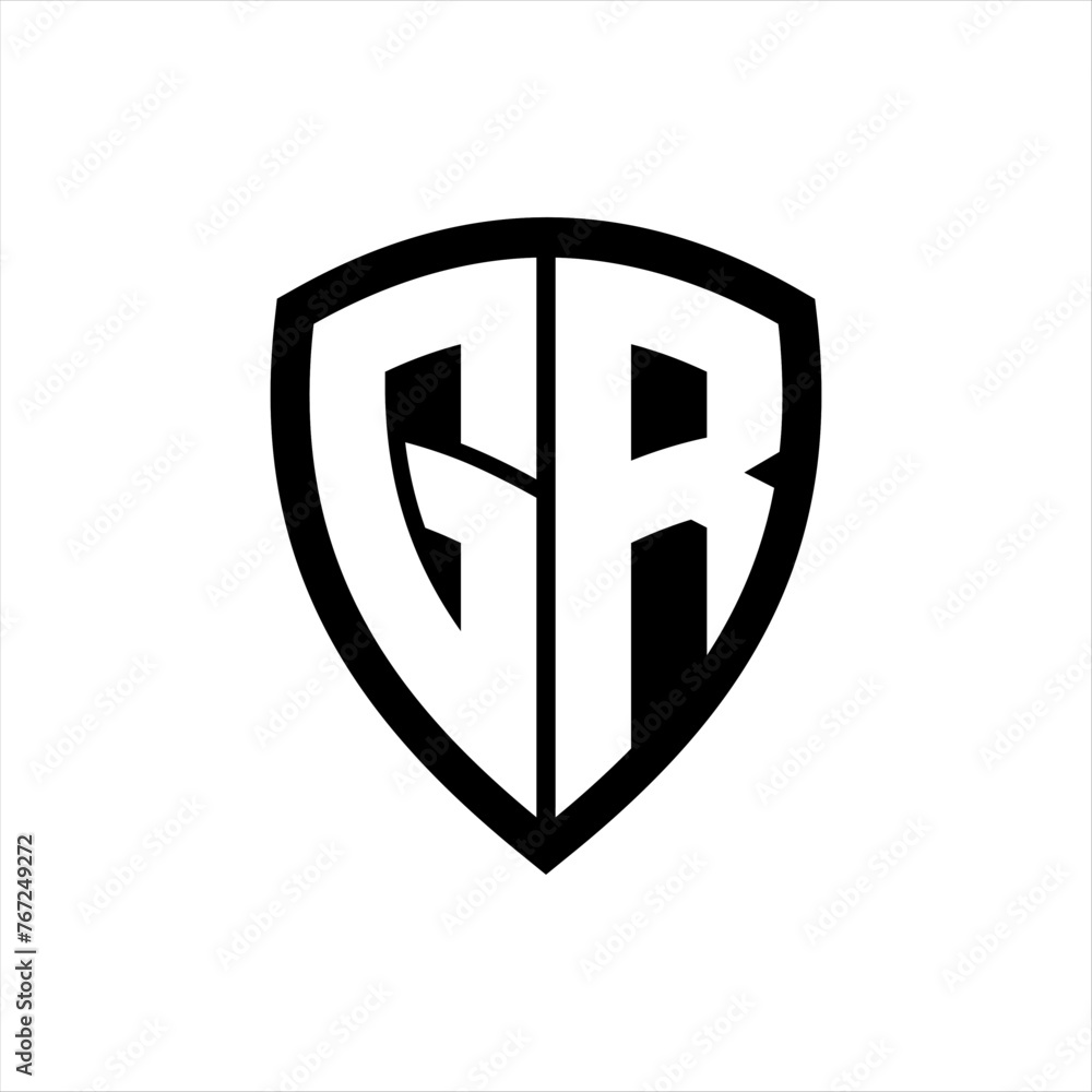 GR monogram logo with bold letters shield shape with black and white color design GR monogram logo with bold letters shield shape with black and white color design