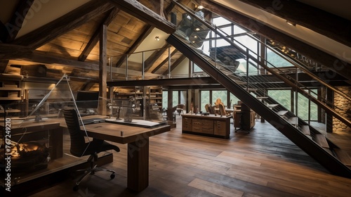 Two-story rustic barnwood home office with suspended glass floor walkway reclaimed wood beams and vaulted ceilings.