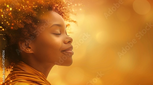 African American woman with healing energy and light around her feeling good breathing calm peace. H