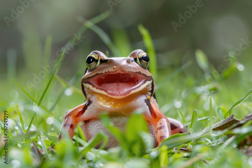 A gliding frog (Rhacophorus reinwardtii) appears to be laughing on grass © Venka