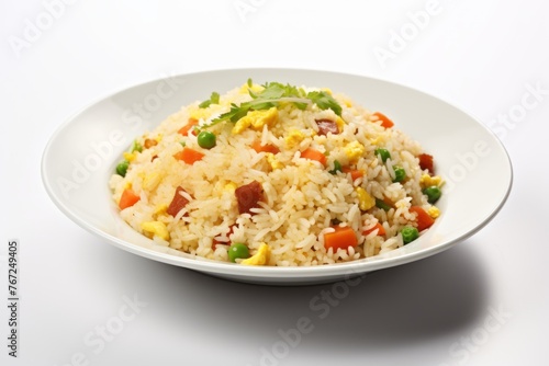 Tasty fried rice on a porcelain platter against a white background