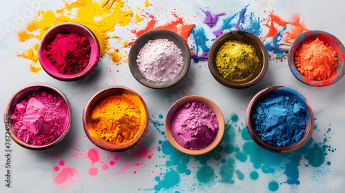 Vibrant Holi Powder Colors in Bowls on a White Background