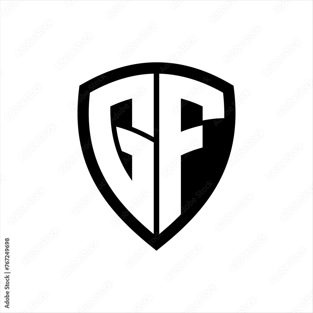GF monogram logo with bold letters shield shape with black and white color design GF monogram logo with bold letters shield shape with black and white color design