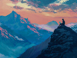 An office worker typing away on a laptop atop a serene mountain peak.