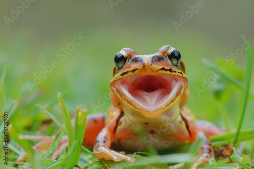 A gliding frog  Rhacophorus reinwardtii  appears to be laughing on grass