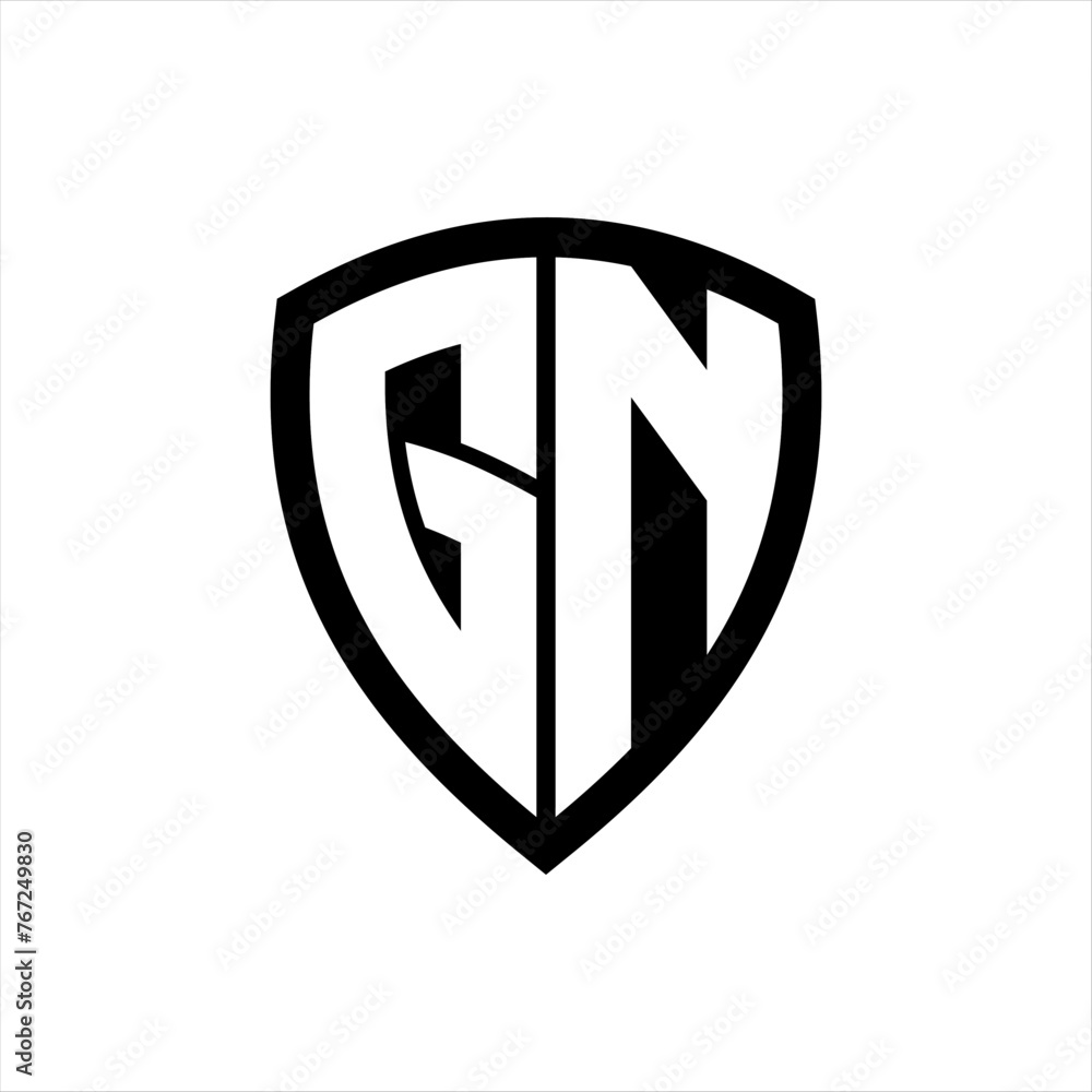 GN monogram logo with bold letters shield shape with black and white color design GN monogram logo with bold letters shield shape with black and white color design