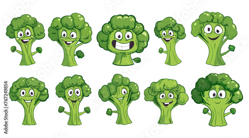 Broccoli characters. Cartoon cabbage, isolated positive vegetable character. Fresh vegan food, funny faces with smile, vector clipart