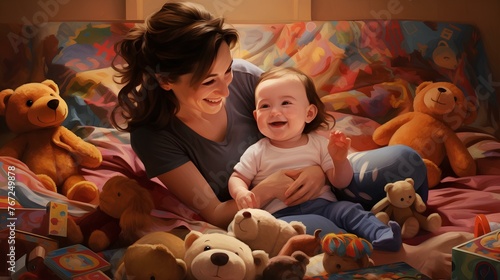 Happy mother playfully tickling her giggling infant on a plush playmat, with colorful toys scattered around them. © PZ Studio