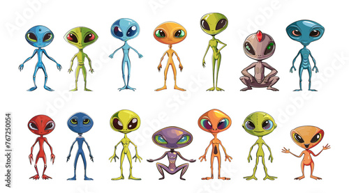 Cartoon aliens characters collection. Ufo people, alien in different poses. Isolated life in universe, space humans, vector set