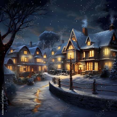 Winter village at night. Digital painting of winter village with snow covered houses.