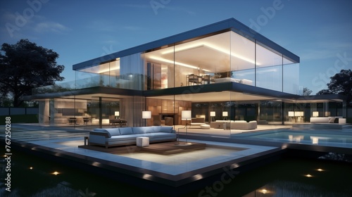 Ultra-modern glass house with sleek design lines and seamless indoor/outdoor living spaces. © Aeman