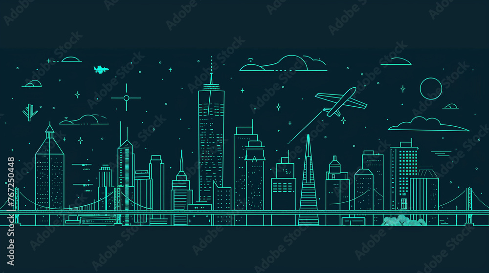 Obraz premium Stylized Linear Cityscape Illustration with Starry Night Sky