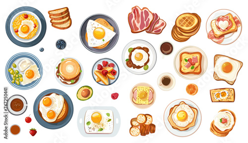 Cartoon breakfast top view. Eggs, coffee, sandwiches and toasts on plates. Tasty morning in cafe or restaurant. Hotel buffet, vector isolated elements