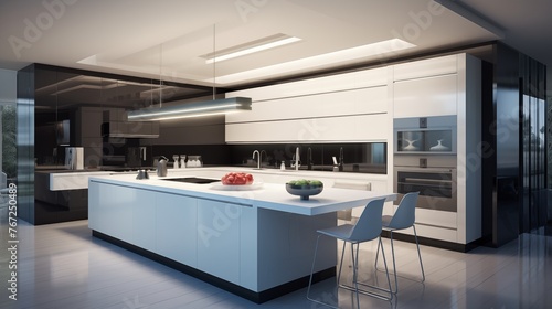 Ultra-modern kitchen with sleek lacquered cabinets state-of-the-art appliances and hidden storage. photo