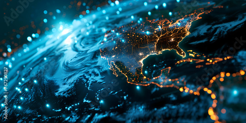 Abstract digital map of USA, concept of North America global network and connectivity, data transfer and cyber technology, information exchange and telecommunication photo