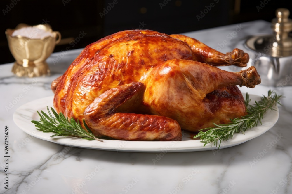 Exquisite roast chicken on a marble slab against a white background Exquisite roast chicken on a marble slab against a white background