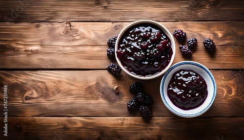 Bowl of sweet black mulberry jam on wooden table, top view. Space for text
