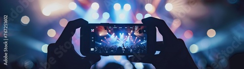 Concert ticketing, mobile app purchases, fans excited, screen view, vibrant, evening