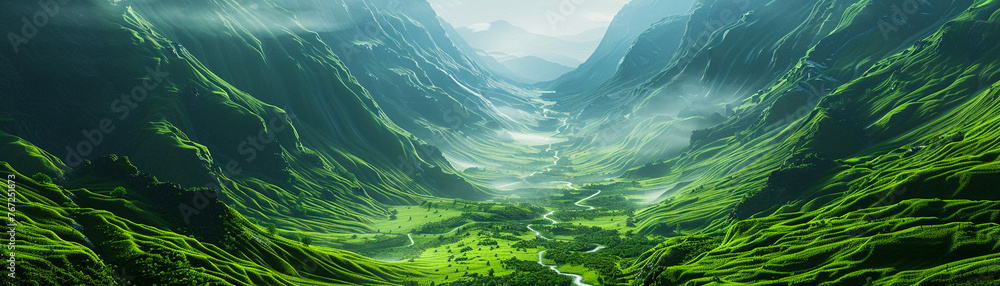 Capture a serene blockchain valley, where data flows like rivers between mountains, highlighted by clean, sharp focus and minimal contrast.