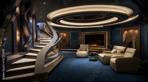 Underground home theater enclave with curved stadium seating starry ceilings and custom entranceway. photo
