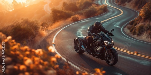 Motorcyclist speeds on a picturesque road photo