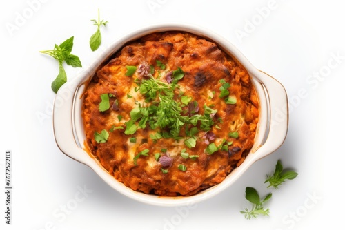Hearty lasagna in a clay dish against a white background