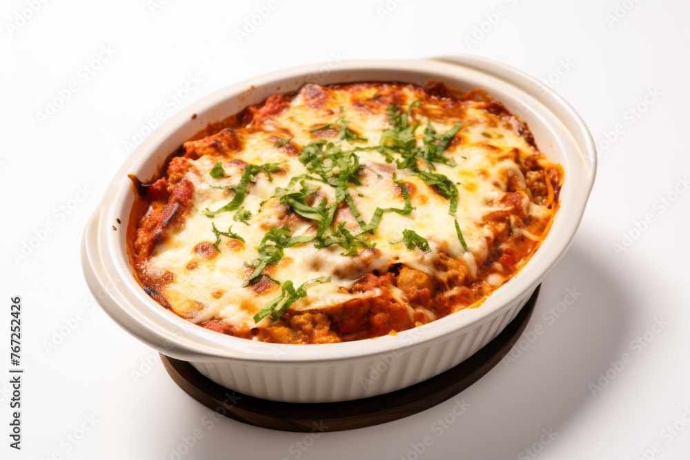Hearty lasagna in a clay dish against a white background Hearty lasagna in a clay dish against a white background