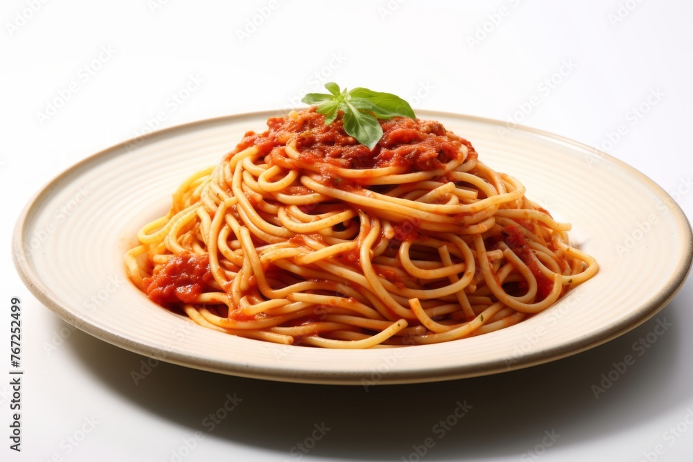 Tasty spaghetti on a rustic plate against a white background Tasty spaghetti on a rustic plate against a white background