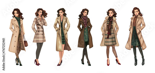 Fashion female characters. Lady in coats, winter autumn business women outfits. Elegant trendy person vector set