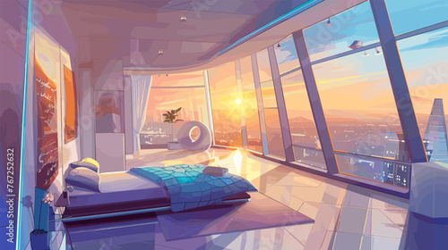 Futuristic bedroom interior in penthouse. Romantic sunset view from apartments. Urban modern design, bed and chair. Hotel style, vector background