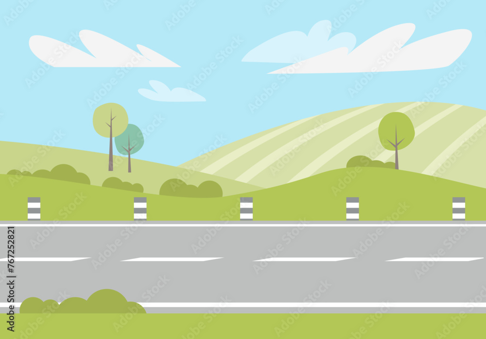 Straight asphalted road through countryside. Vector illustration. Green hill with trees and bushes, blue sky on background. Summer landscape concept.