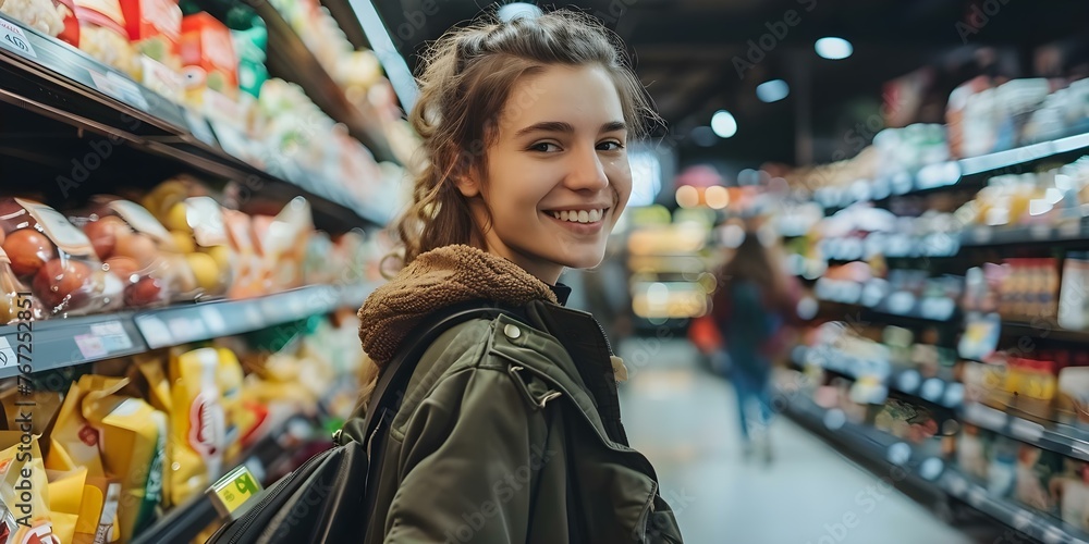 A young woman happily shopping for groceries in a local supermarket enjoying the experience. Concept Shopping, Supermarket, Groceries, Young Woman, Happiness